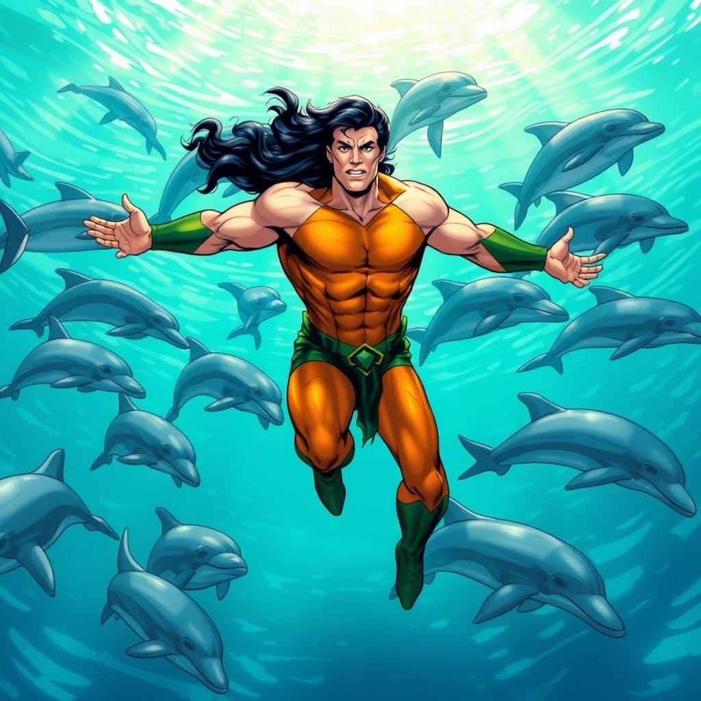 Namor Underwater with Dolphins in Comic Book Style