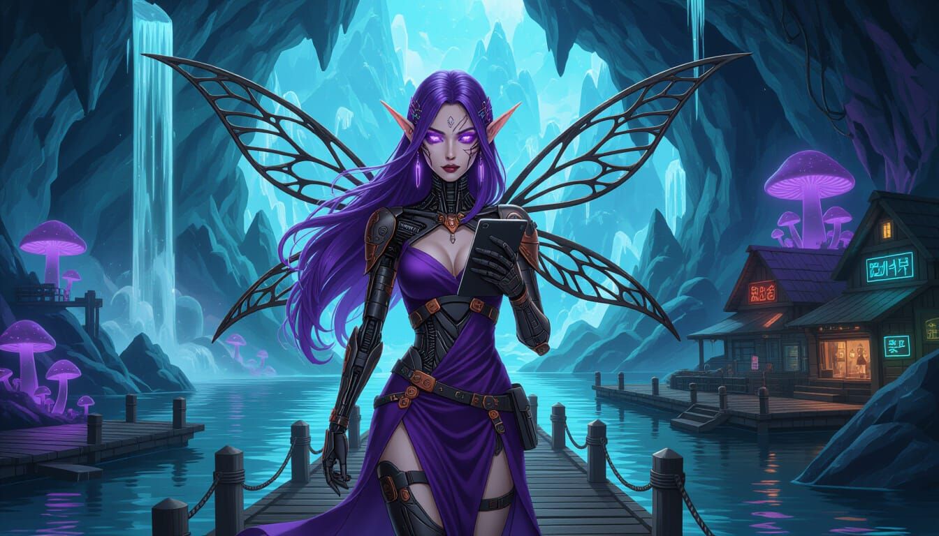 Cyborg Elf Woman with Neon Wings in Sci-Fi Cavern