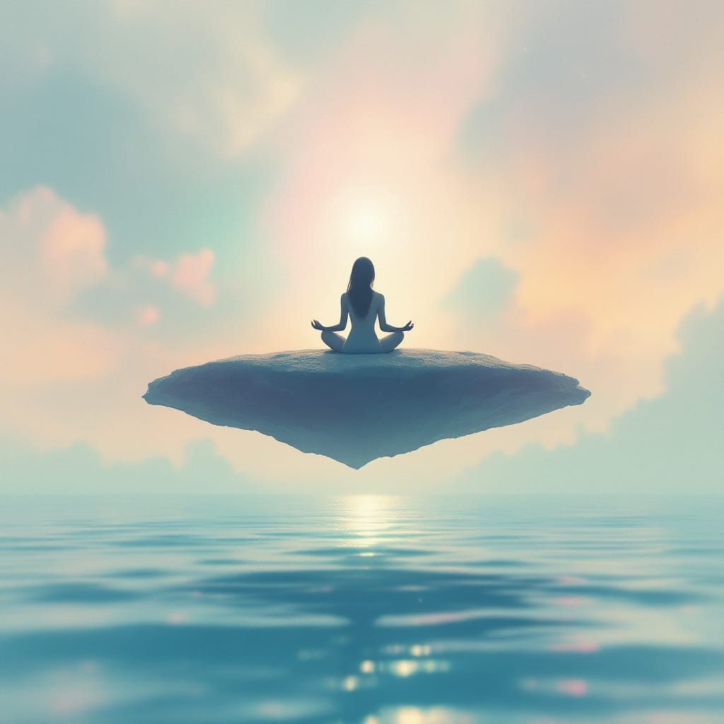 Lone Figure on Floating Island in Dreamlike Pastel Sky