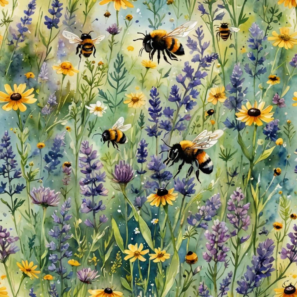 Whimsical Watercolor Blooming Meadow Scene