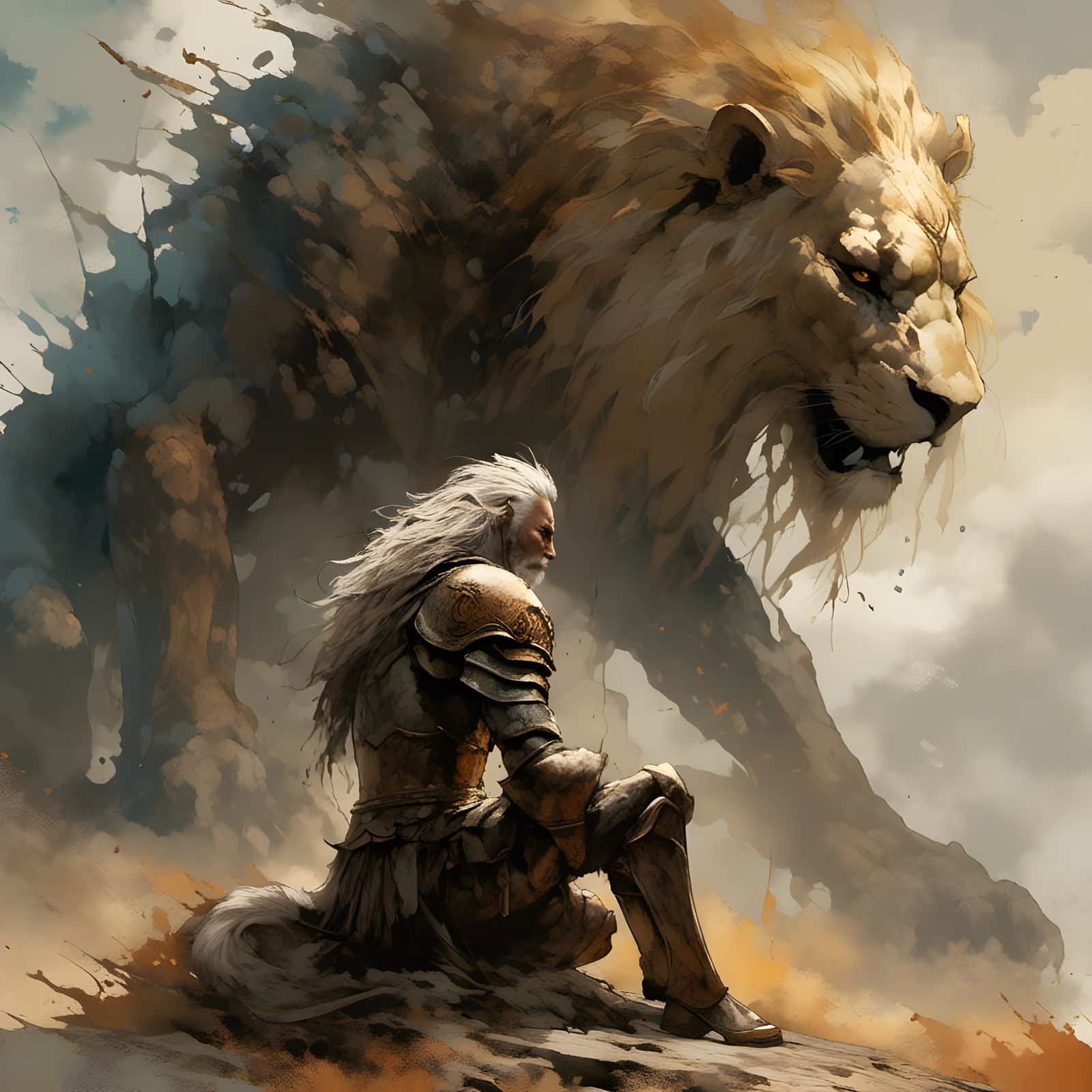 Warrior Elf with Spectral Lion on Battlefield