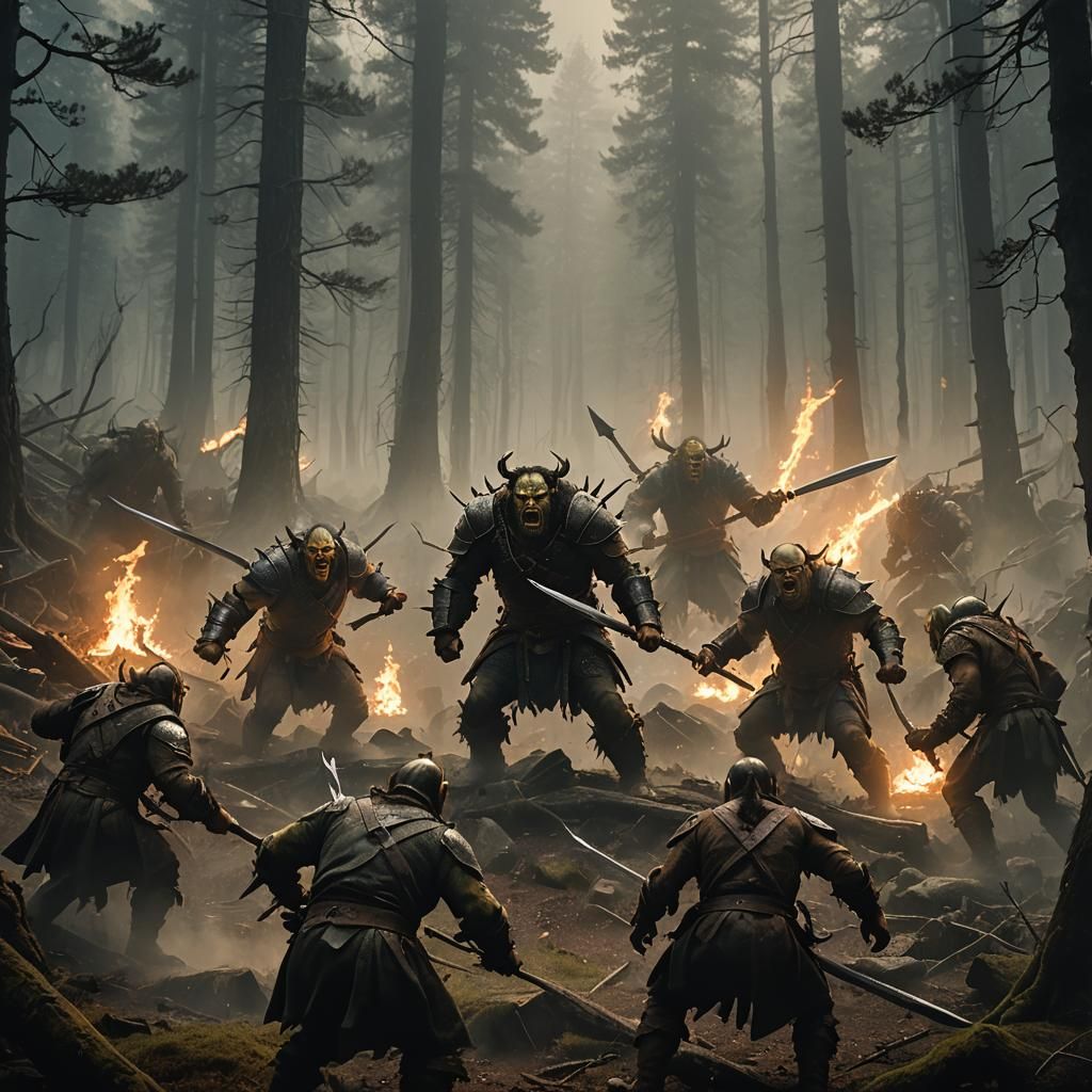 Aragon Battles Orcs in Misty Forest: Cinematic Film Still