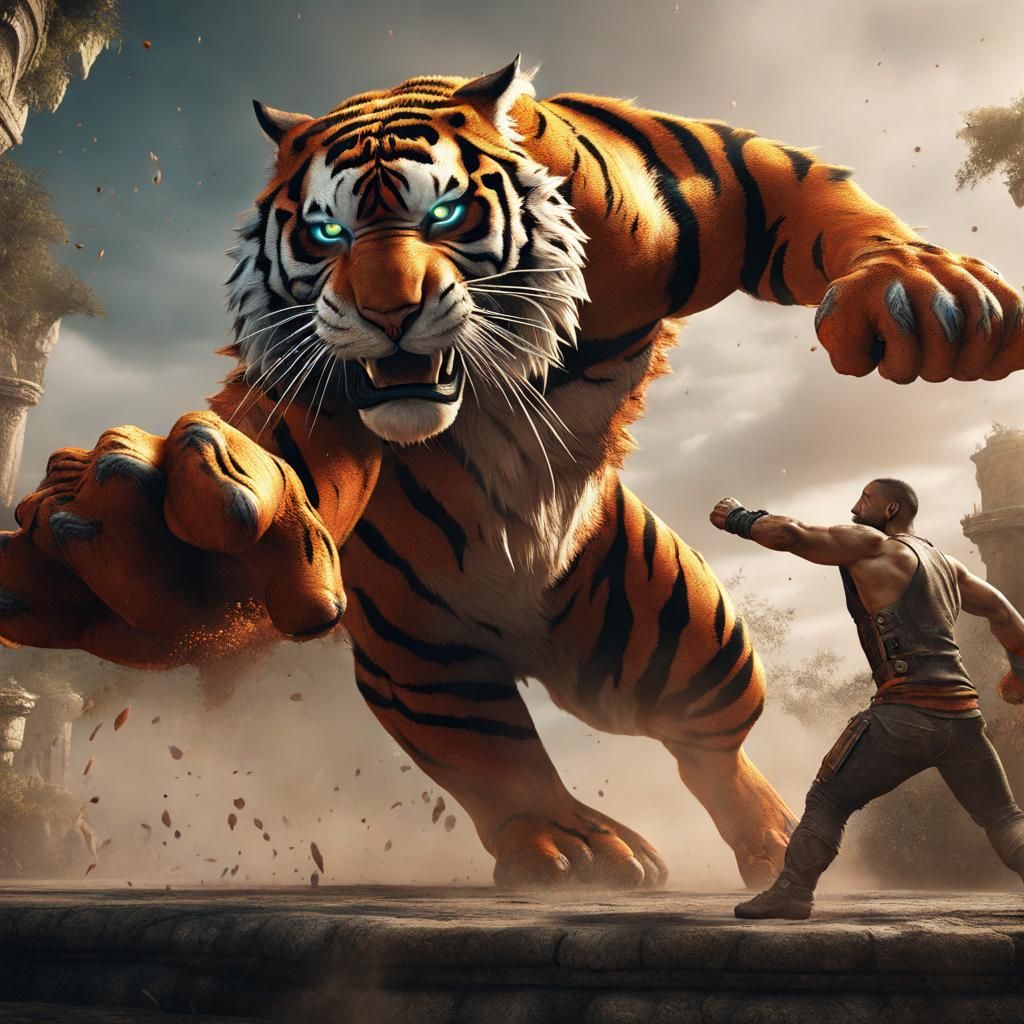 Man Punches Tiger: Detailed Fantasy Concept Art