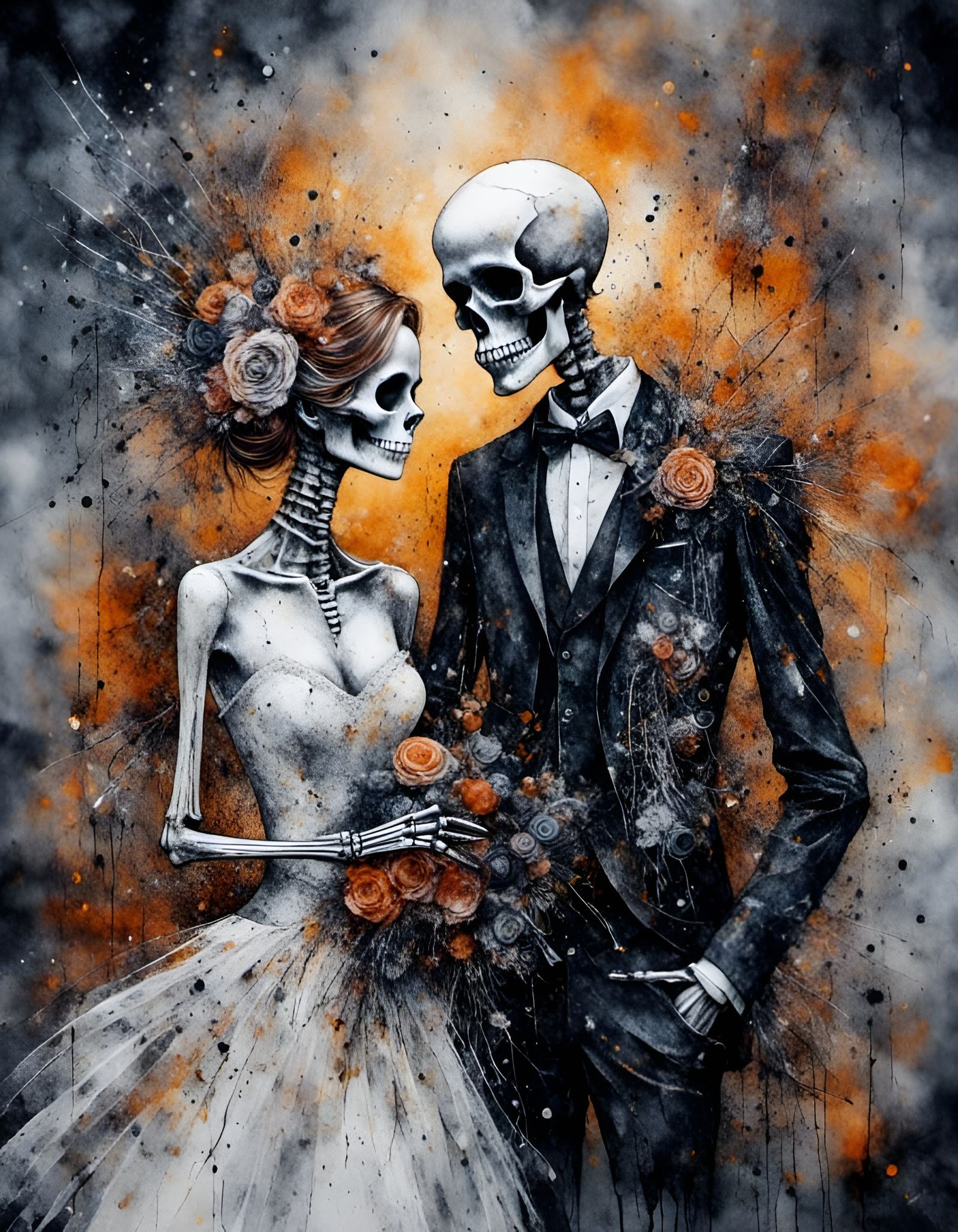 Surreal Skeleton Wedding in Mixed Media Style