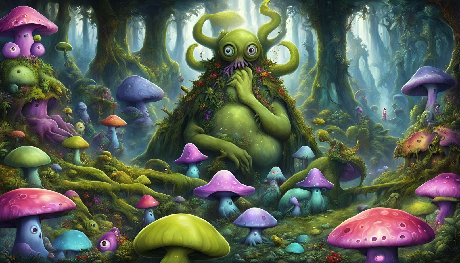 Cute Eldritch Mushroom Gods in Fantasy Jungle