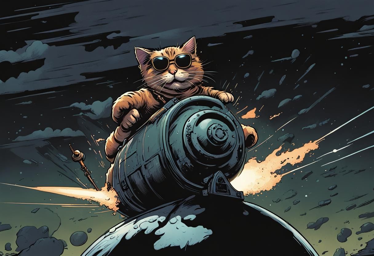 Cat Riding a Bomb in Comic Book Style