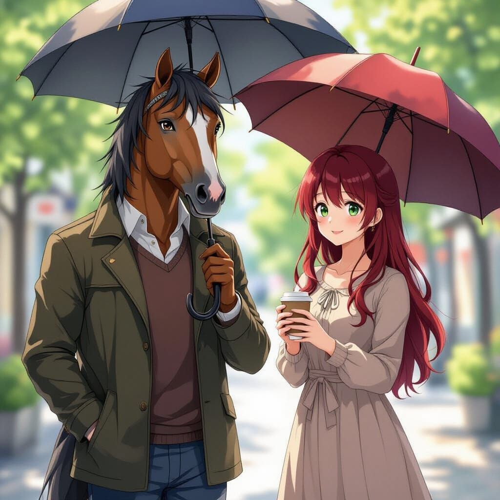 Centaur Couple with Umbrellas in Anime Style