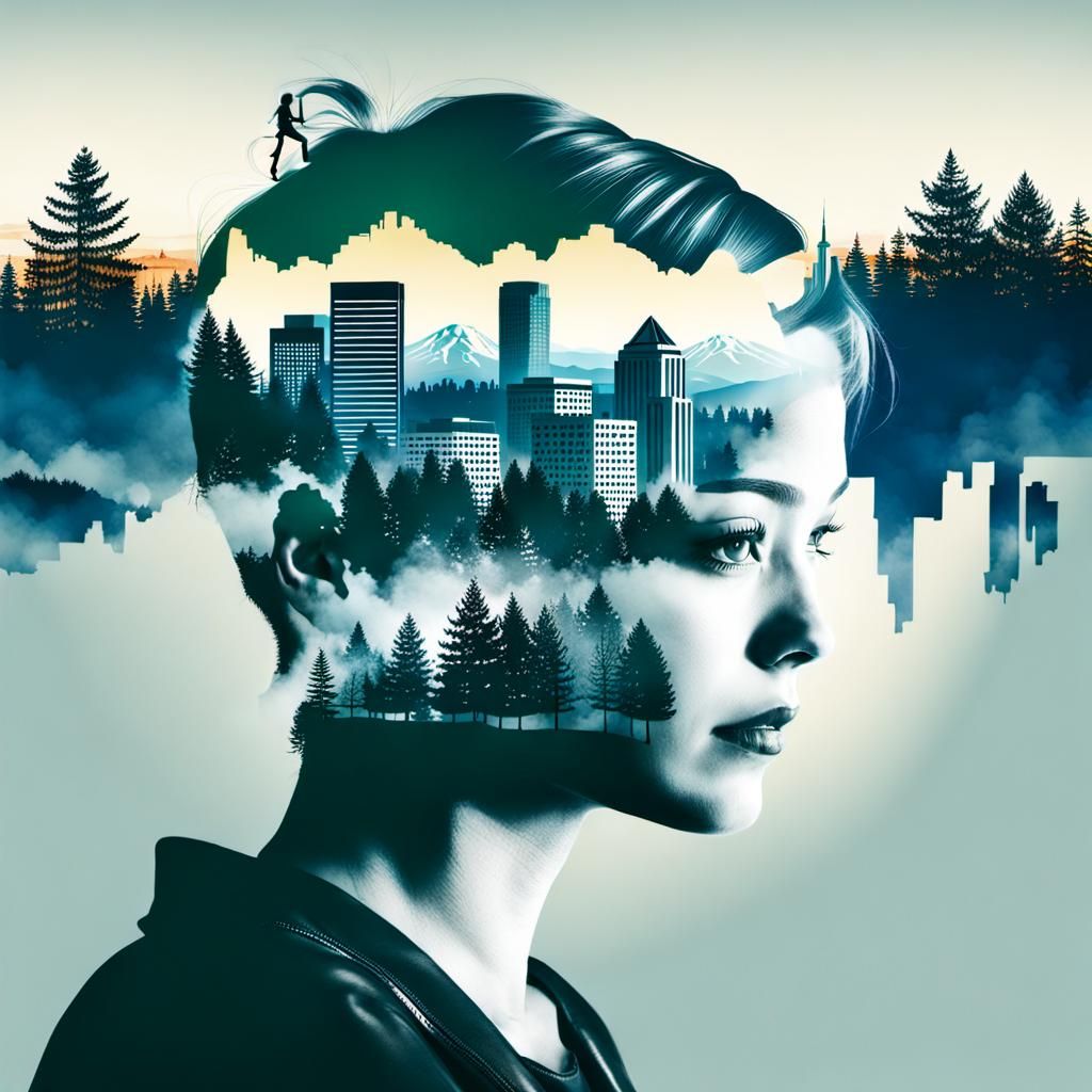 Portland Skyline Double Exposure Woman Portrait