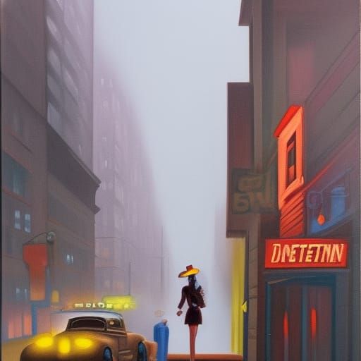 Film Noir Detective in Foggy City Street