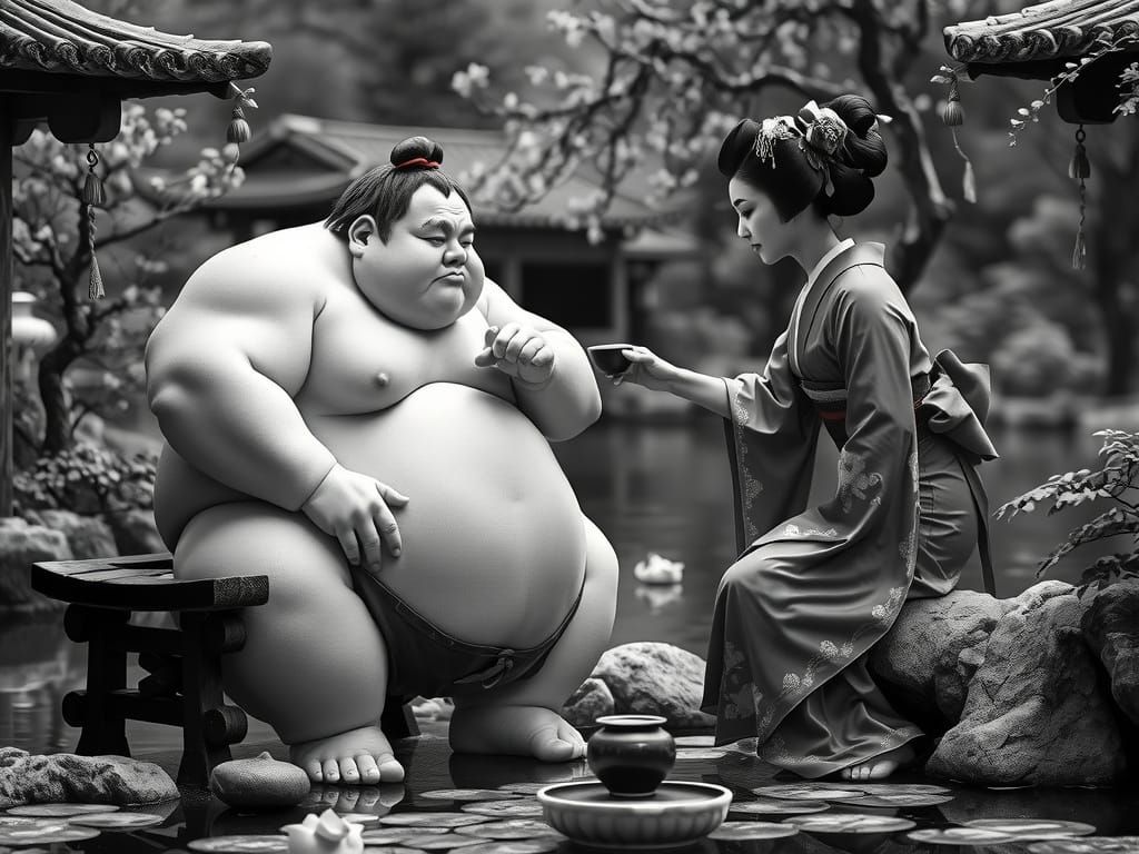 Sumo Catcher Sips Sake with Pretty Geisha in Zen Garden