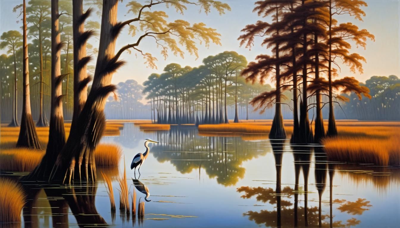 Swamp Landscape with Herons in Hudson River School Style