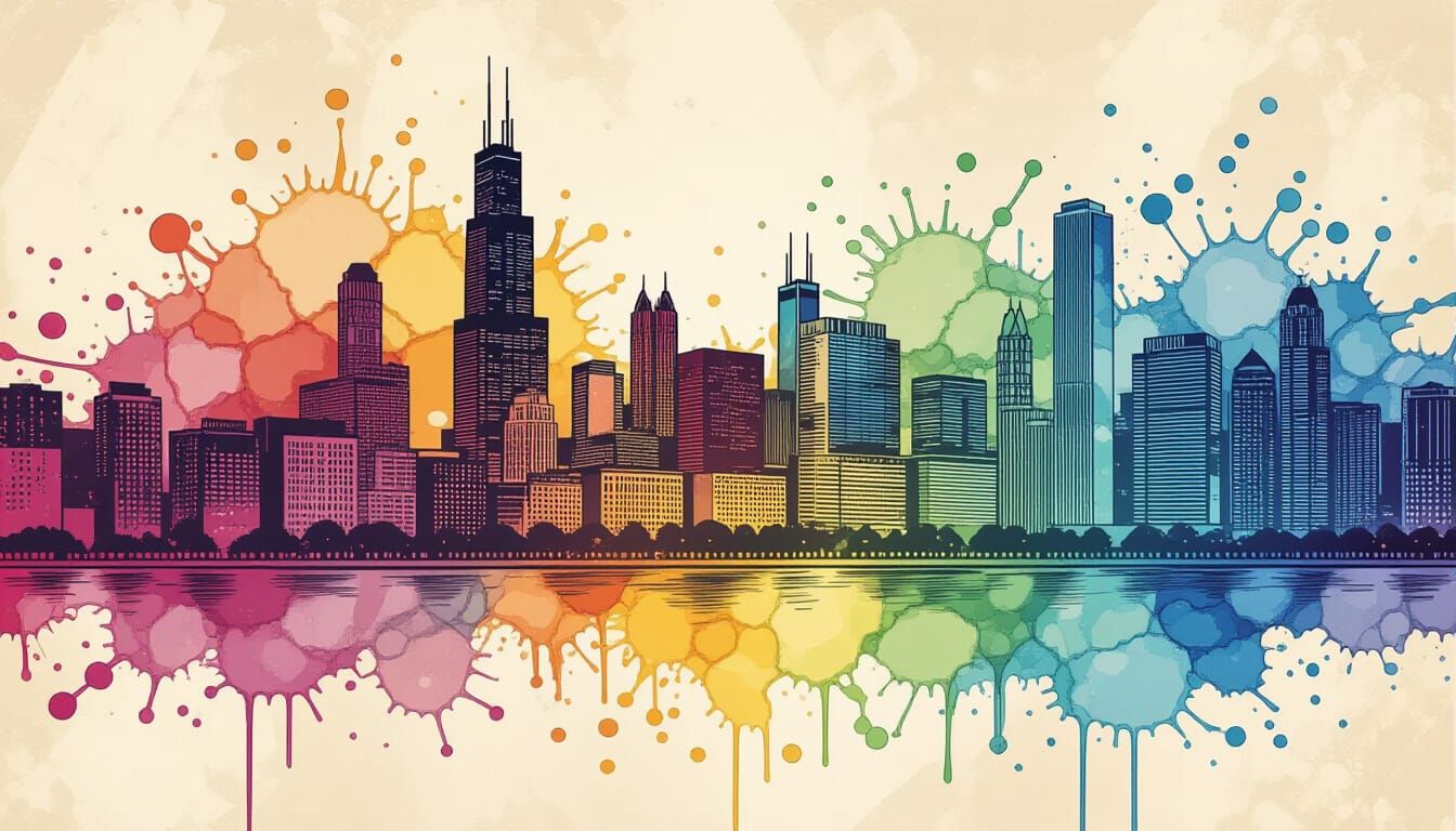 Surreal Chicago Cityscape in Alcohol Ink Splatter Style