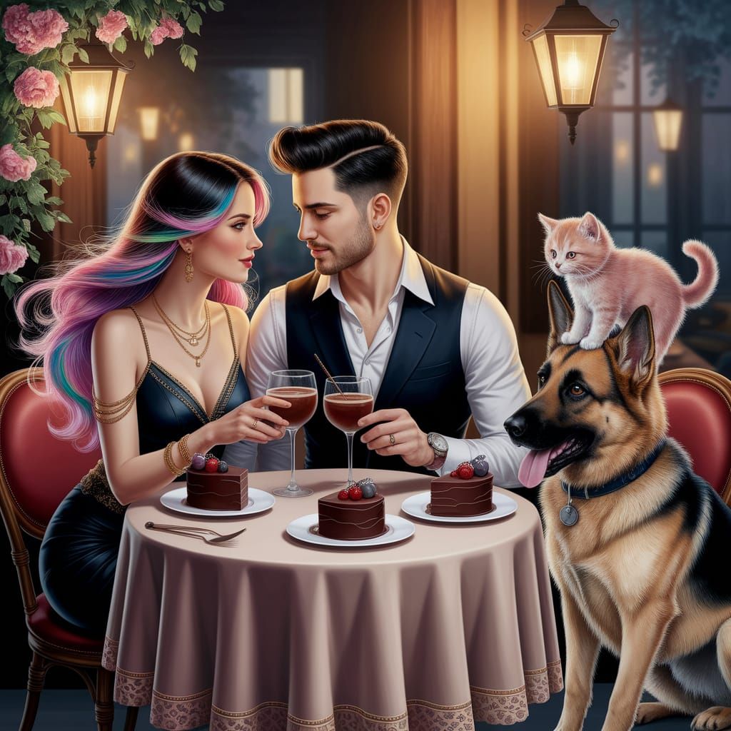 Romantic Cafe Date With Couple, Kitten, And Dog
