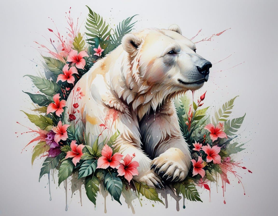 Polar Bear in Rainforest with Floral Lei, Watercolour Art