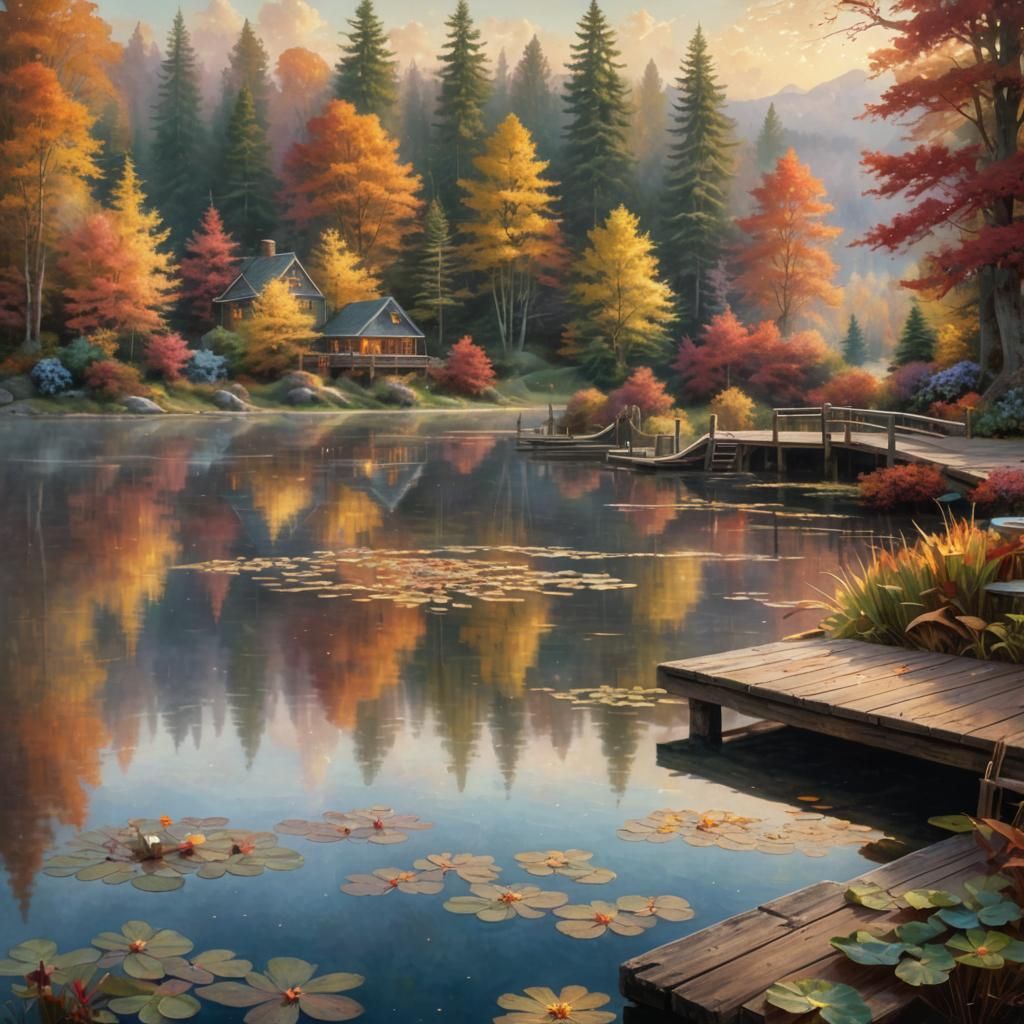 Autumn Lake Fantasy: Cozy Lakeside Oil Painting
