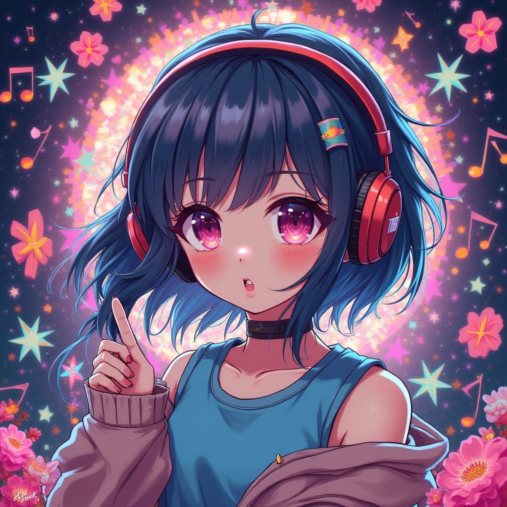Anime Girl with Headphones in Glitchcore Style