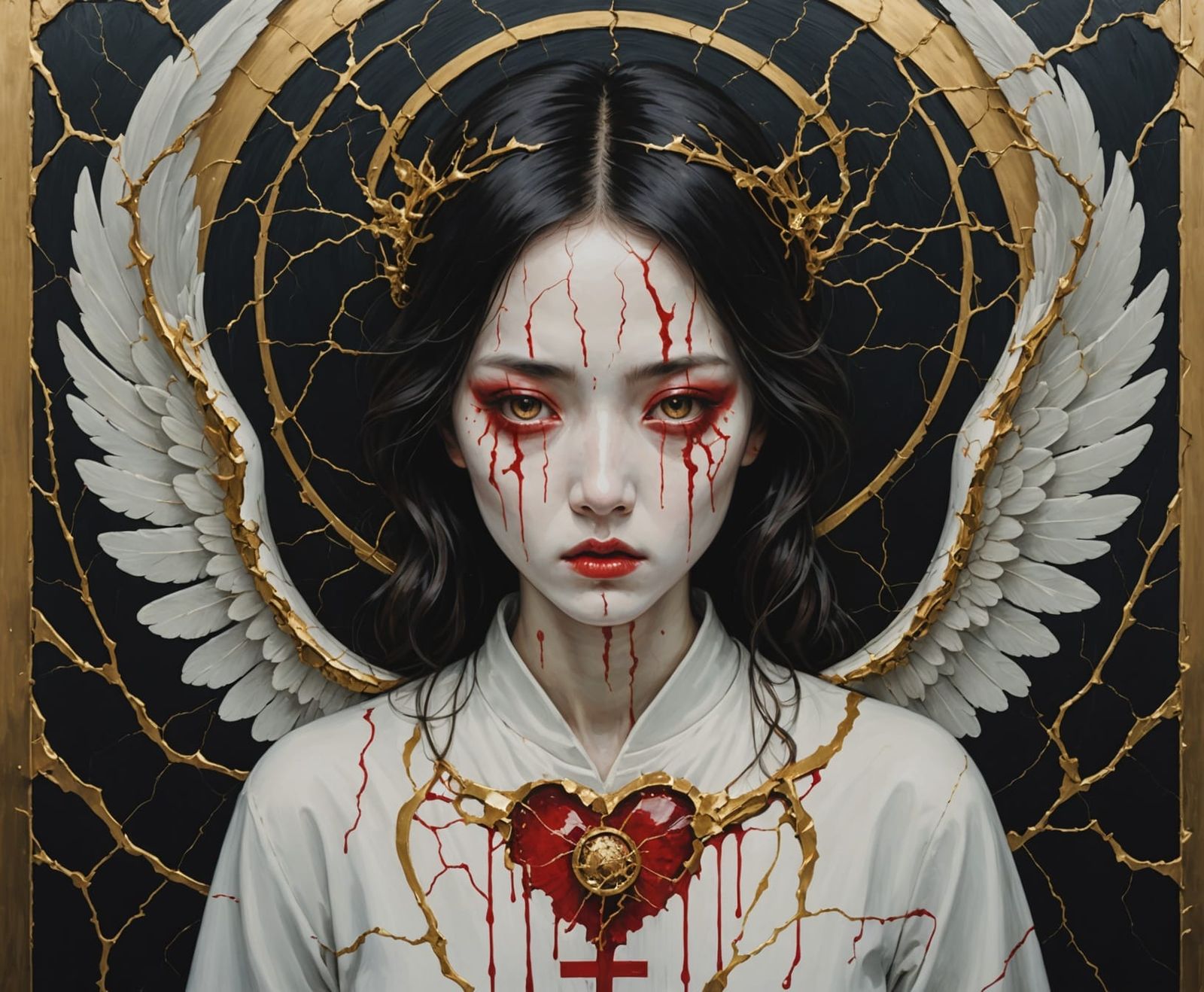 Surreal Angel with Kintsugi Tears in a State of Fearsome Tur...
