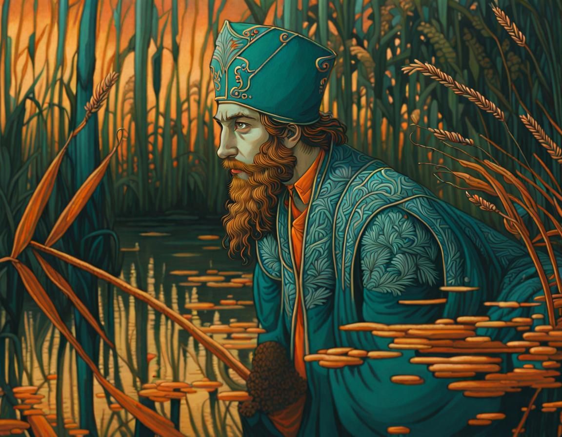 Fantasy Man Portrait in Teal and Orange, Bilibin Style
