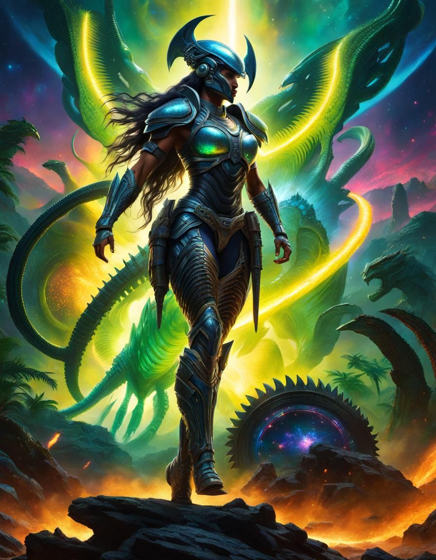 Amazonian Warrior in Xenomorph Armor: Holographic Illustrati...