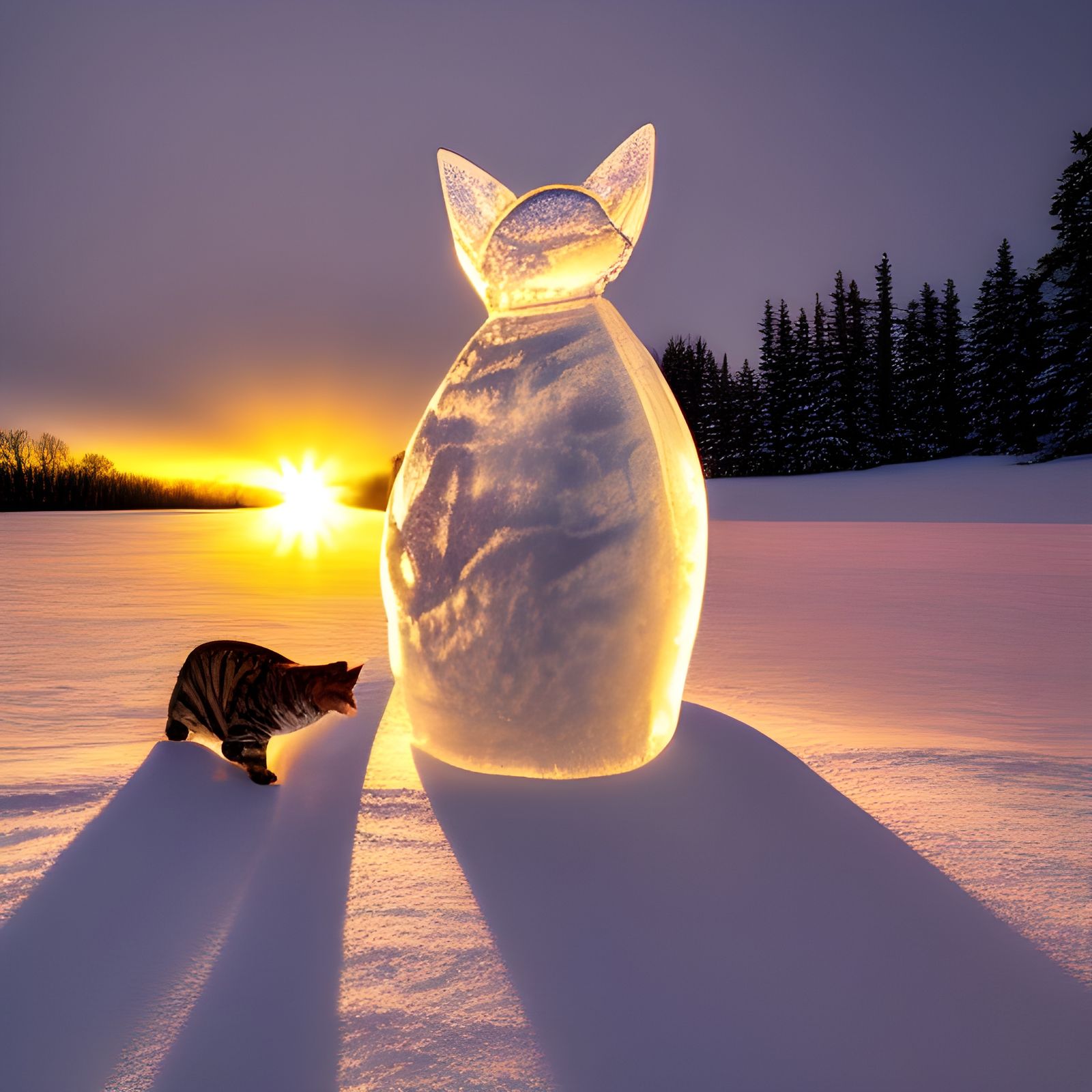 Detailed Ice Cat Sculpture Reflecting Snowy Sunset
