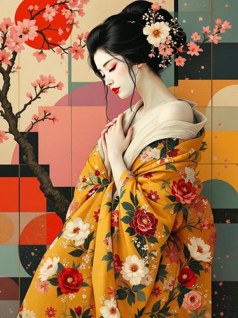 Ukiyo-e Fusion: Abstract Pin-Up in Geometric Garden