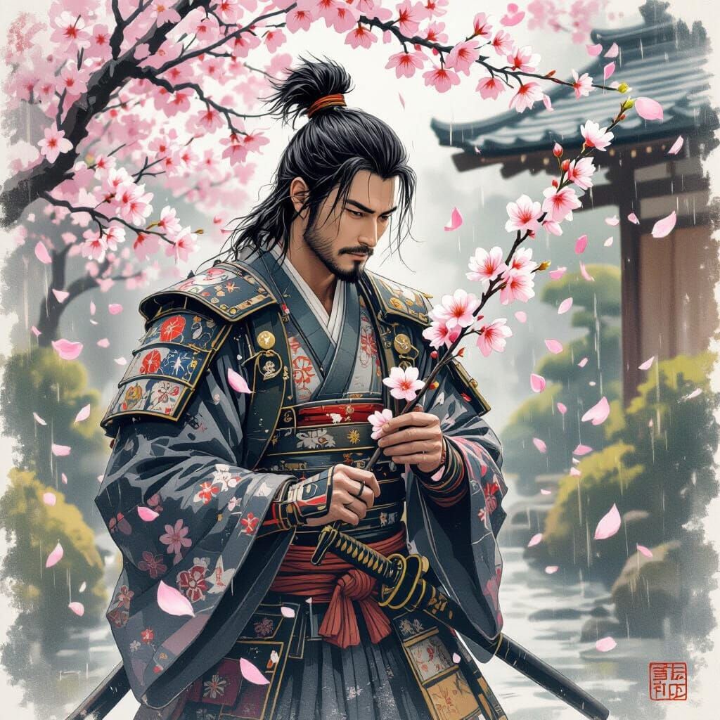 Samurai in Spring Rain with Cherry Blossoms, Ukiyo-e Style