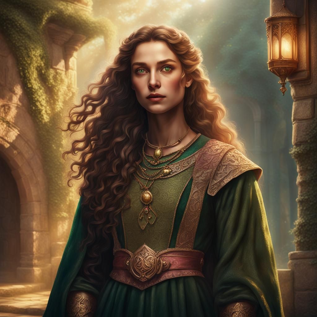 Regal Woman with Amber Eyes in Fantasy Setting