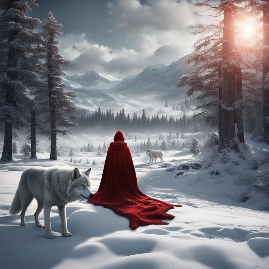 Woman and White Wolf in Snowy Landscape