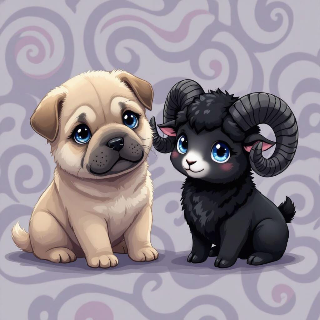 Chibi Shar Pei and Ram Playtime, Whimsical Style
