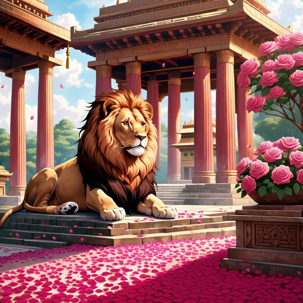 Lion's Rose Mane Before Ancient Temple