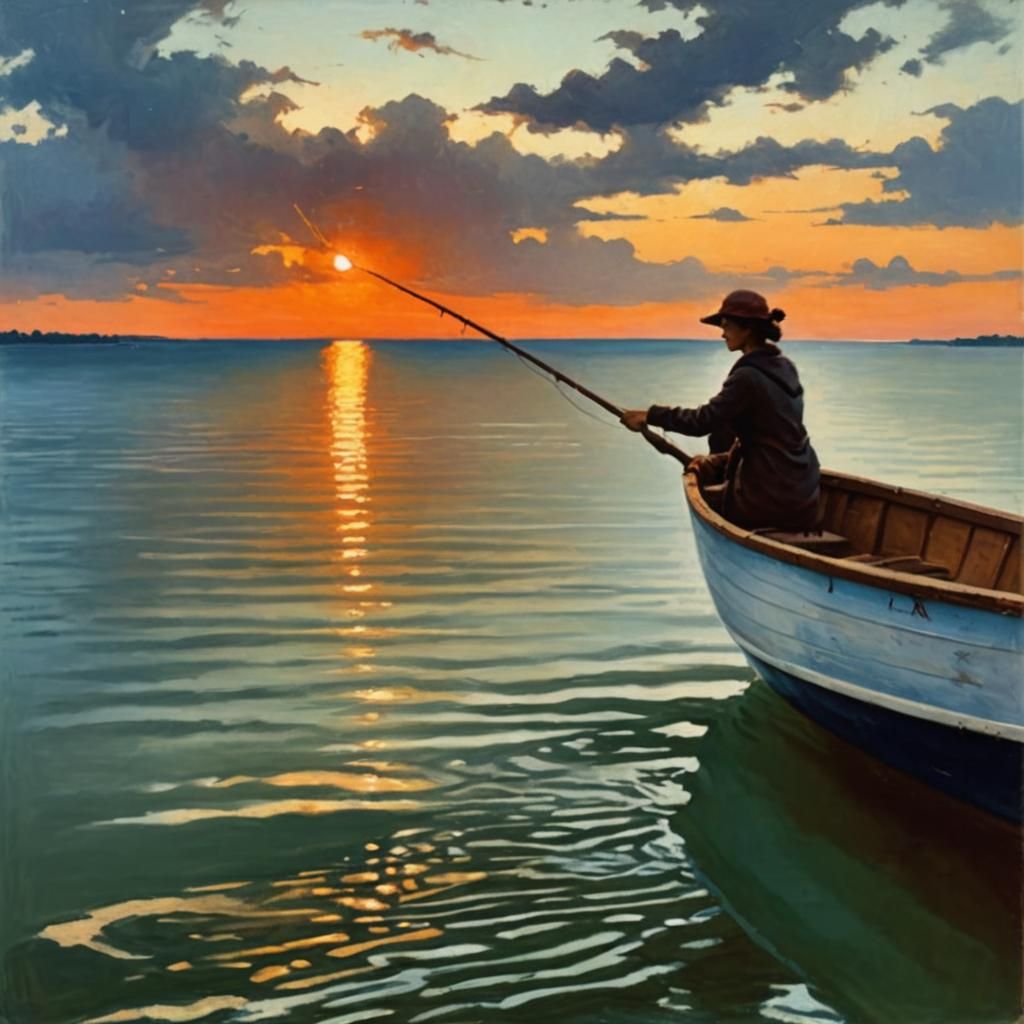 Fisherwoman at Sunset on Lake: Impressionistic Style