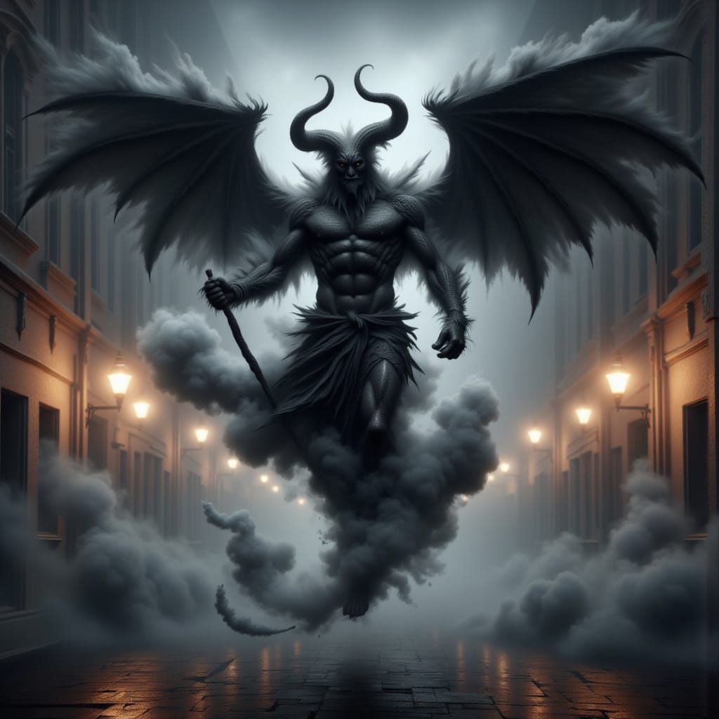 Charcoal Djinn Soaring Through Night Streets