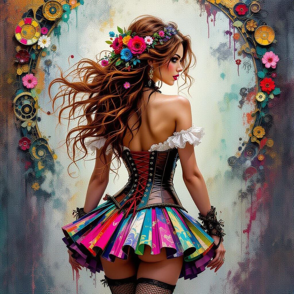 Steampunk Woman with Floral Hair in Klimt Graffiti Style