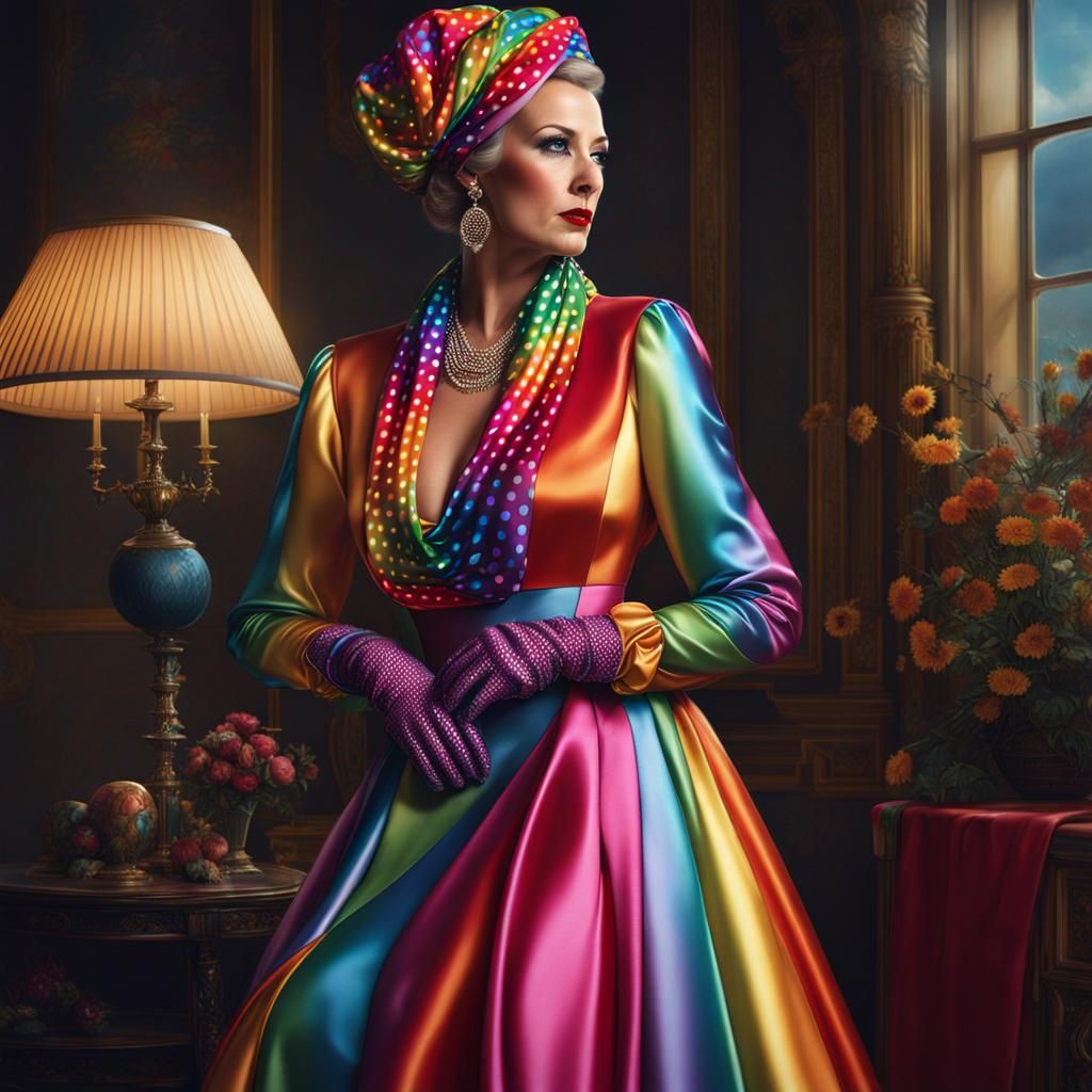 Rainbow Polkadot Satin Lady: Photorealistic Digital Art
