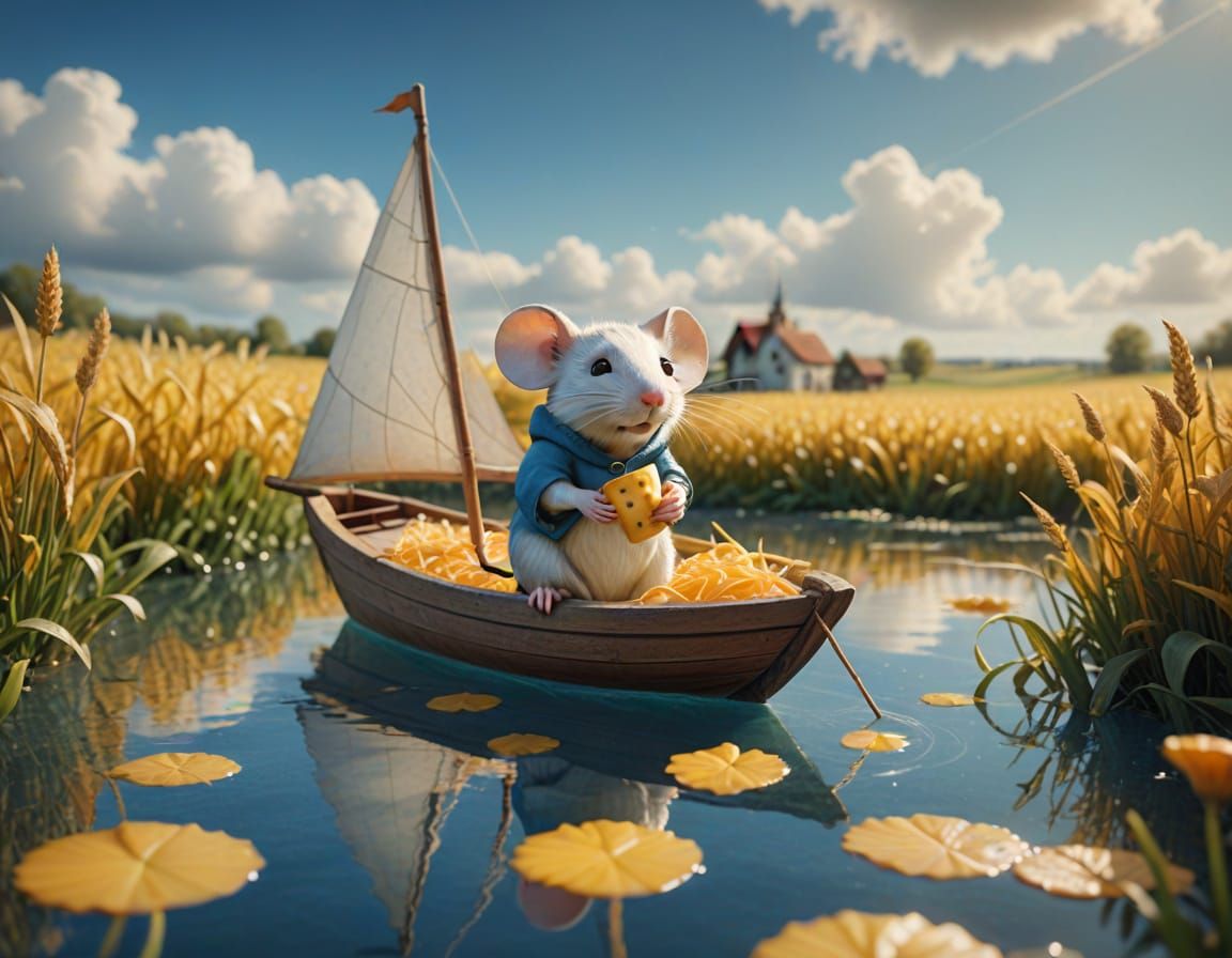 Whimsical Mouse Sails Cheese Boat in Golden Fields