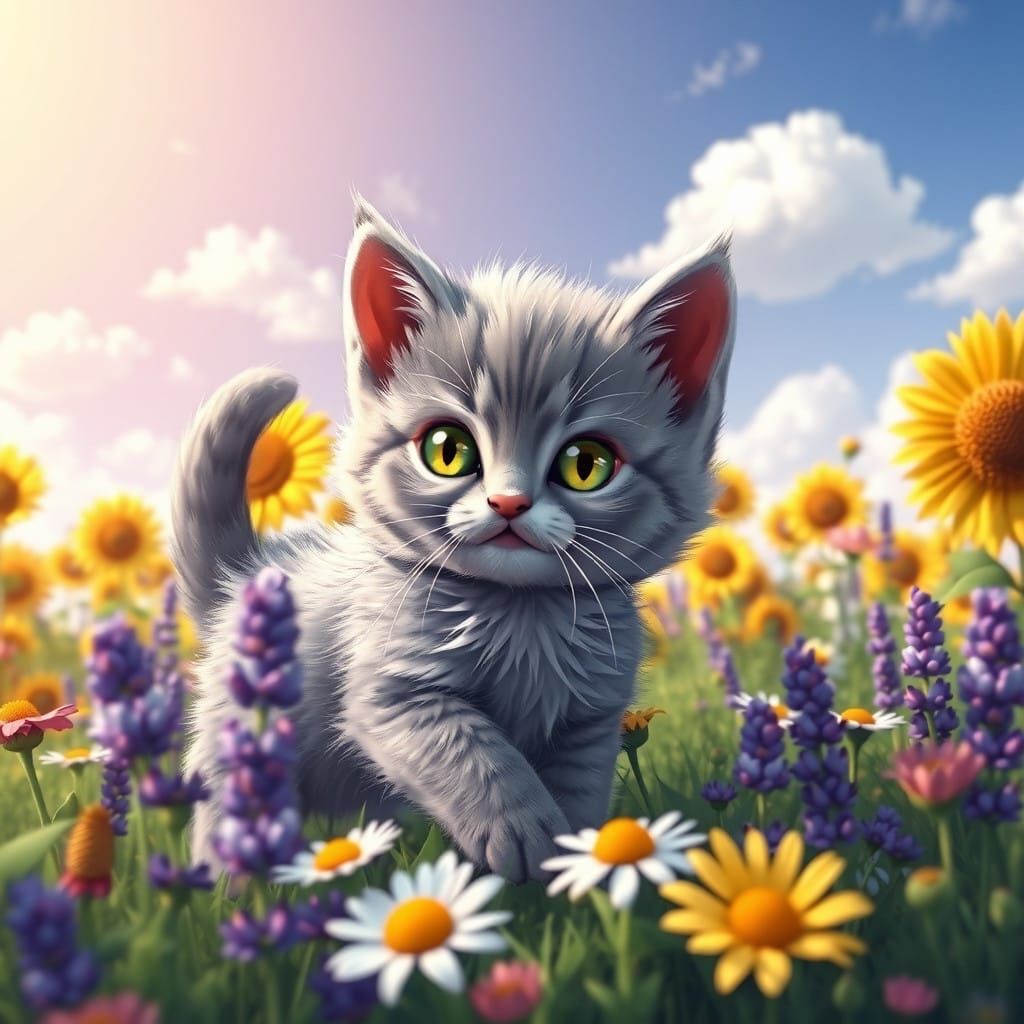 Whimsical Kitten in Vibrant Floral Wonderland