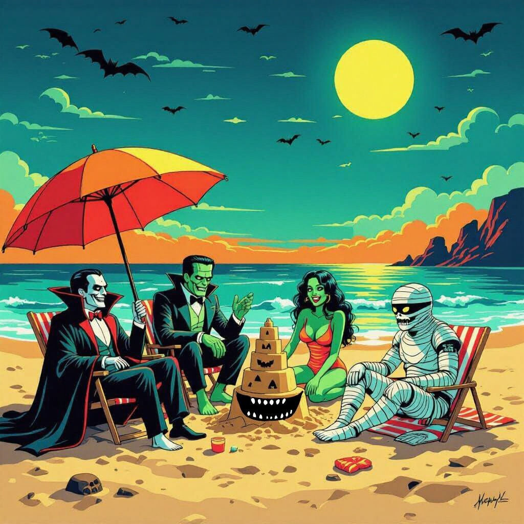 Halloween Monsters Enjoying Beach Vacation in Cyberpunk Styl...