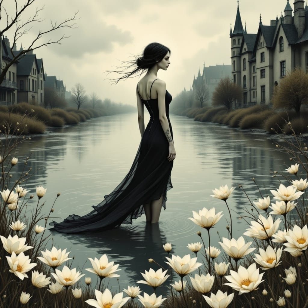 Surreal Queen Amidst Waves of Paper and Flowers