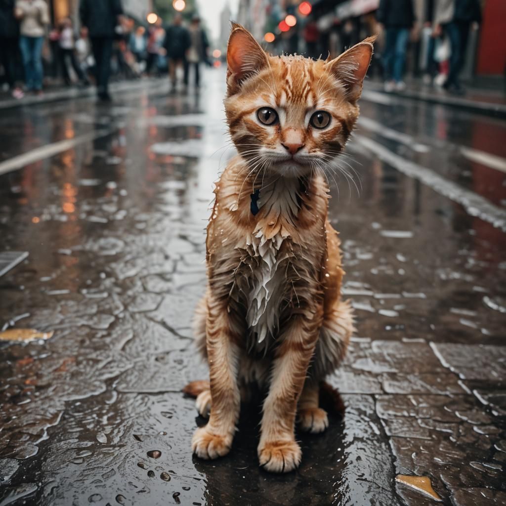 Sad Kitten Lost in the City: Cinematic Still