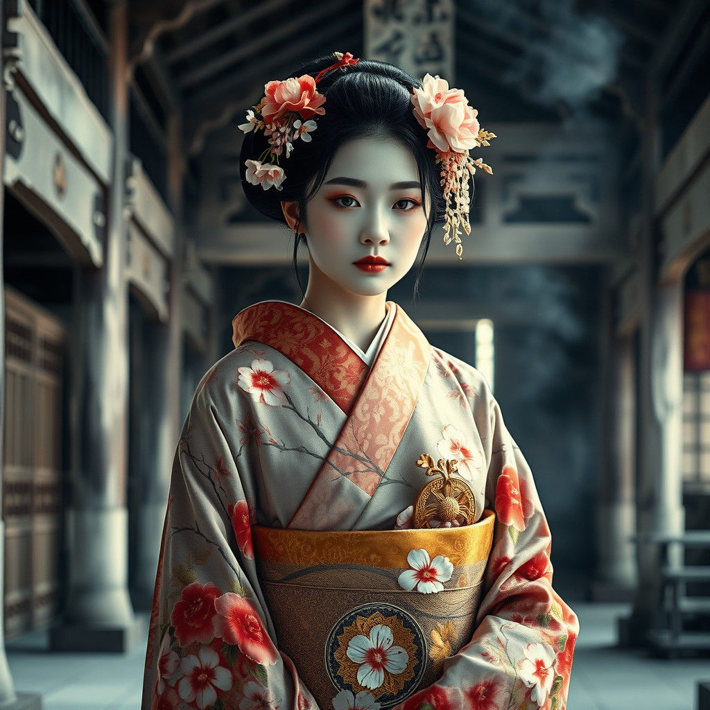 Geisha in Kimono at Buddhist Temple, Yoshitoshi Style
