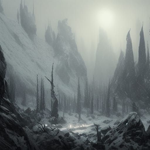 Grimdark Black Metal Forest Valley in High Gothic Style