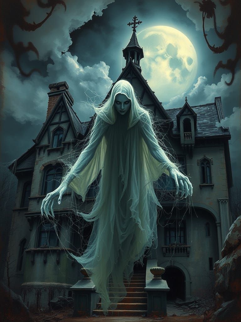 Spectral Figure Emerging from Gothic Manor in Stormy Moonlig...