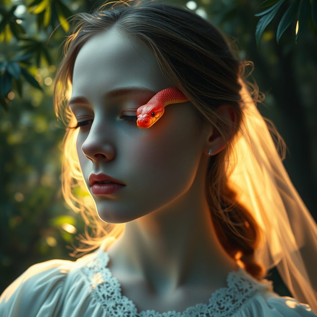 Serene Girl Surrounded by Vibrant Coral Snake in Hyper-Reali...