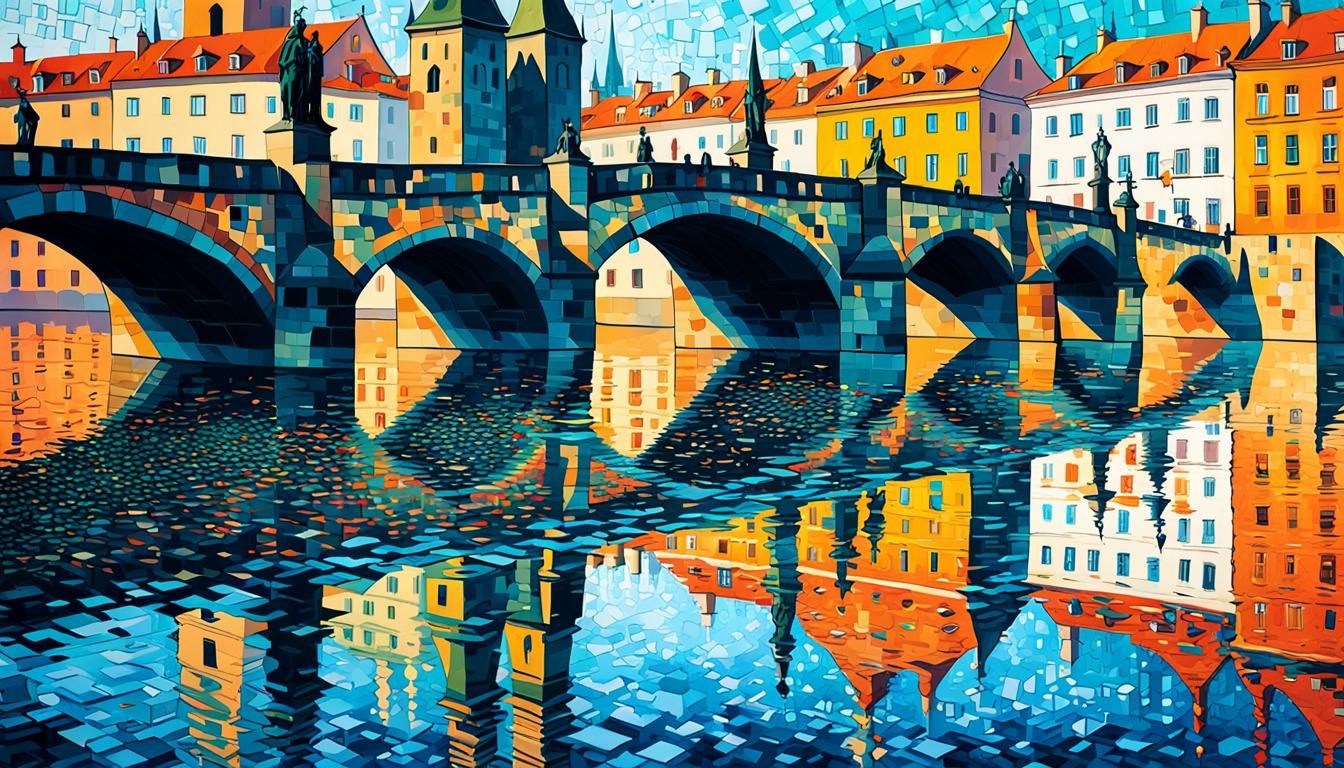 Abstract Charles Bridge Reflection in Pointillist Style