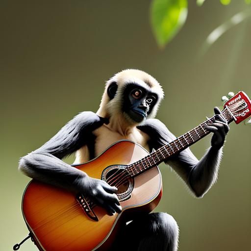 The male gibbon strums his makeshift guitar, creating a series of melodic chirps and whistles that mimic the strumming o...