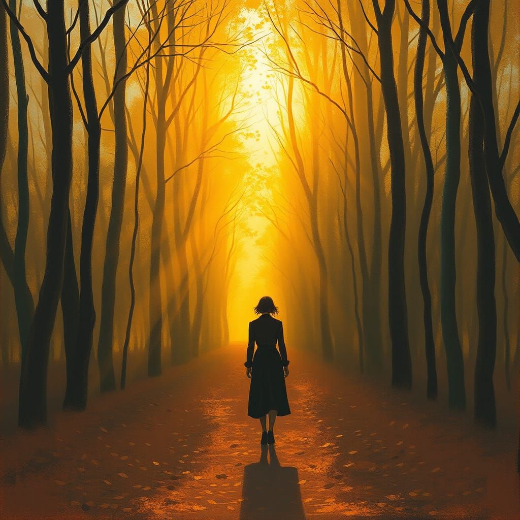 Impressionistic Forest Scene with Woman in Golden Light