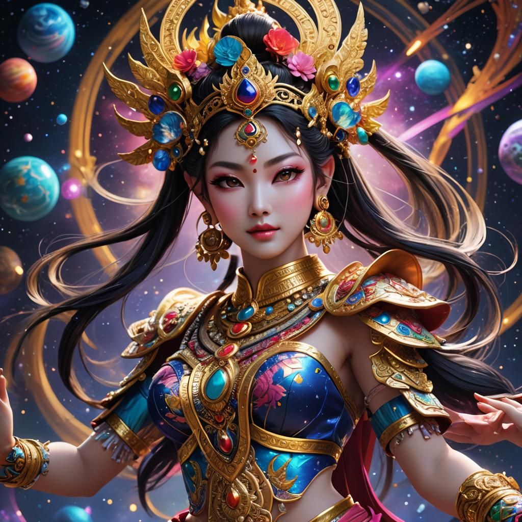 Apsara Dances in Space: Hyperrealistic Anime Portrait