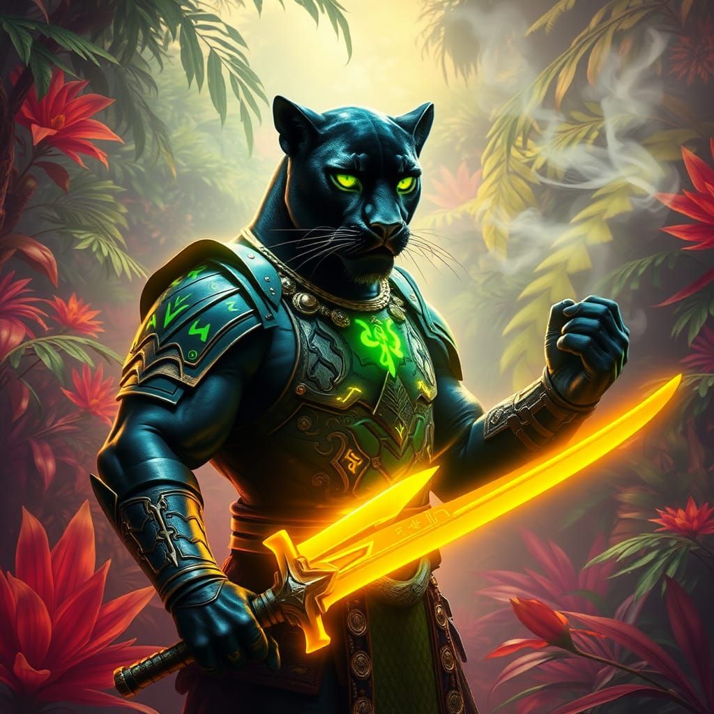 Black Panther Samurai in Mystical Jungle