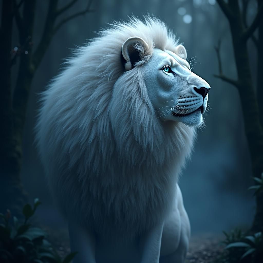 Silver Lion with Bioluminescent Mane in Mystical Setting