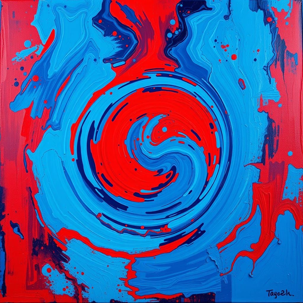 Vibrant Neo-Expressionist Oil Painting in Blue and Red Taege...